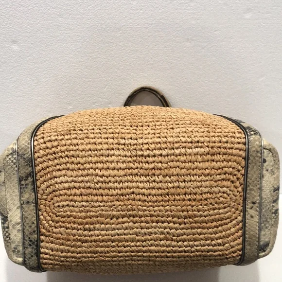 Coach Hampton Python Leather Trim Straw Shoulder Tote - Picture 9 of 12